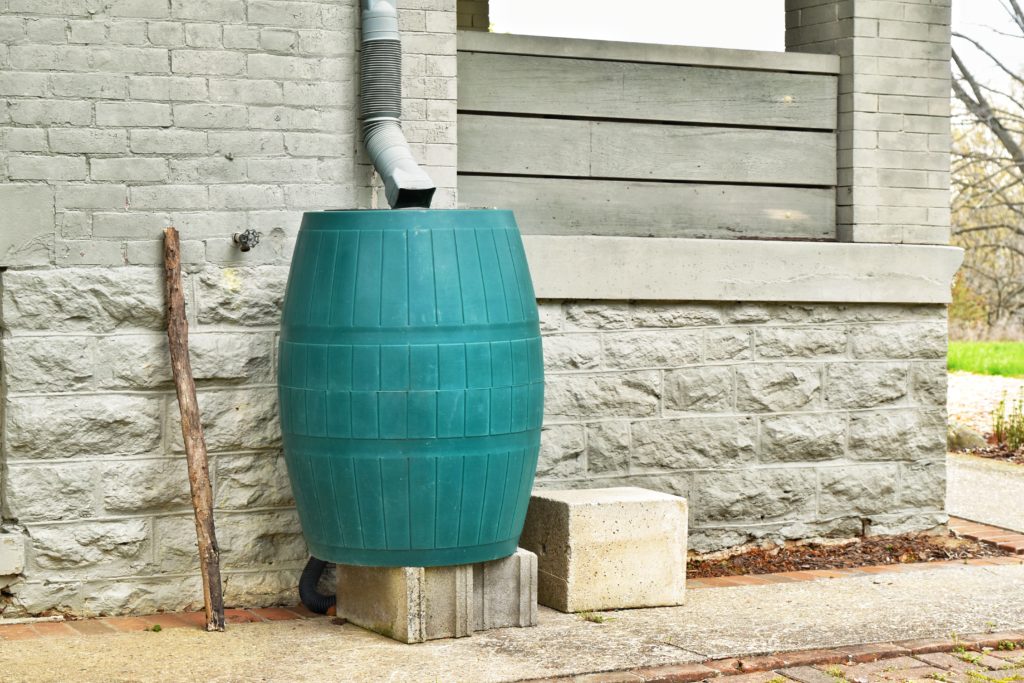 rain barrel collecting water from roof of house