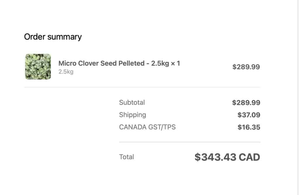 Photo of receipt for microclover seeds from West Coast Seeds